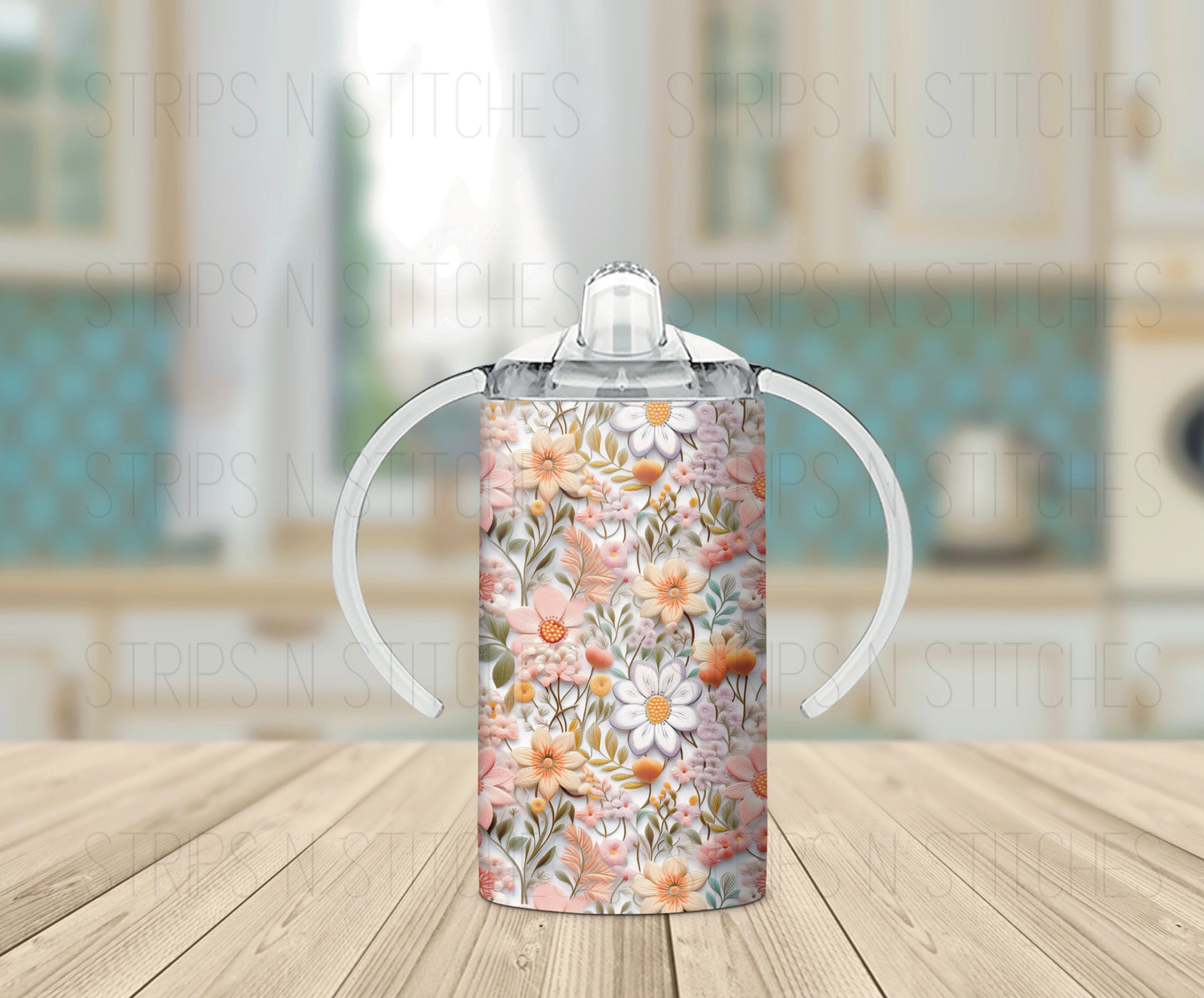 Embroidery Pink & White Flowers - Grow with Me Tumbler- 12oz- Two Lids