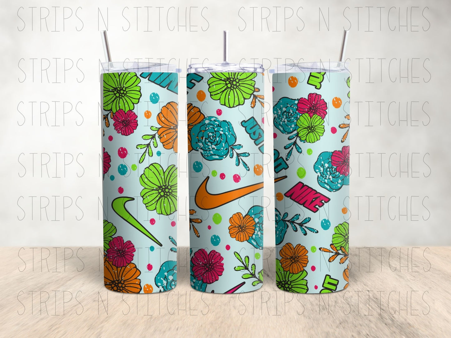 Floral Nike - 20 Oz Stainless Steel Tumbler with Lid & Straw