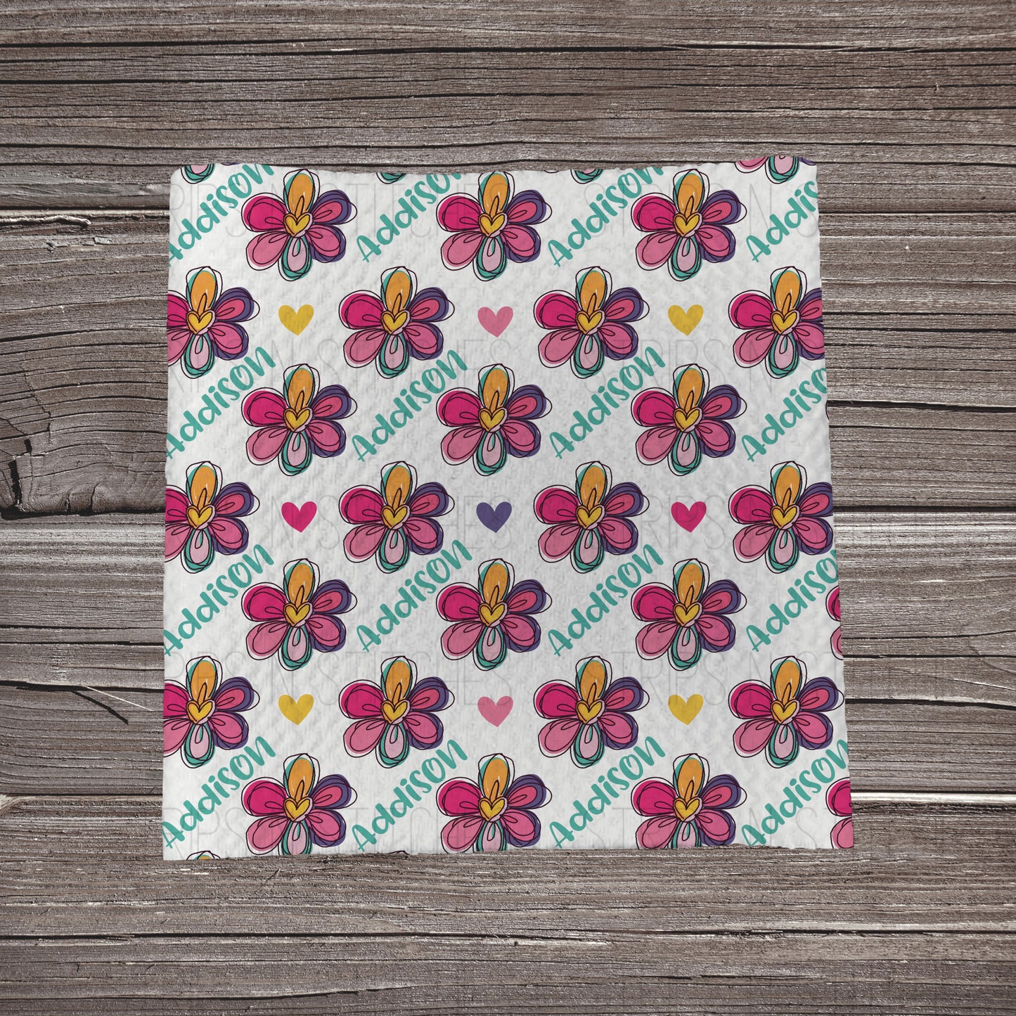 Flowers & Hearts - CUSTOM NAME | Fabric Strip | Bow Making | Scrunchie | Headwraps