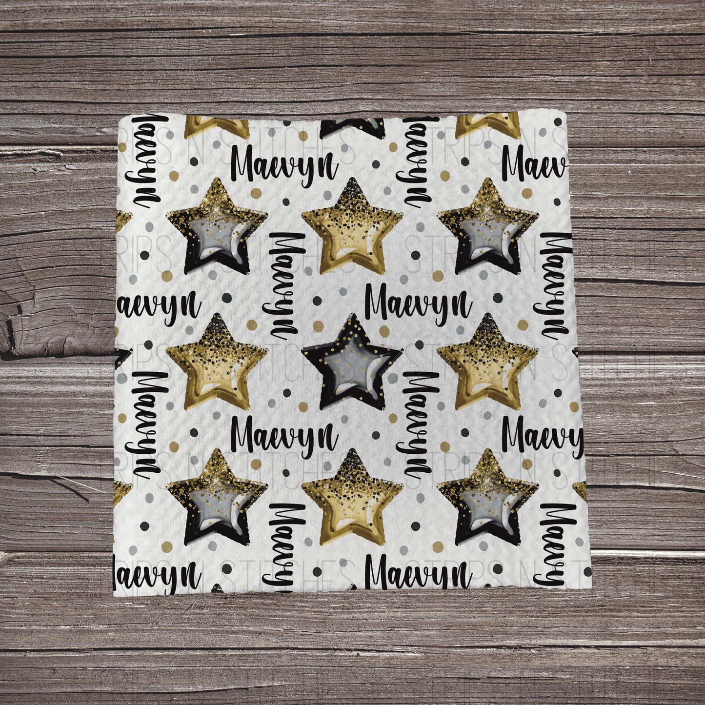 Black & Gold Stars EXCLUSIVE CUSTOM NAME | Bullet Fabric Strip | Bow Making | Scrunchie | Headwraps
