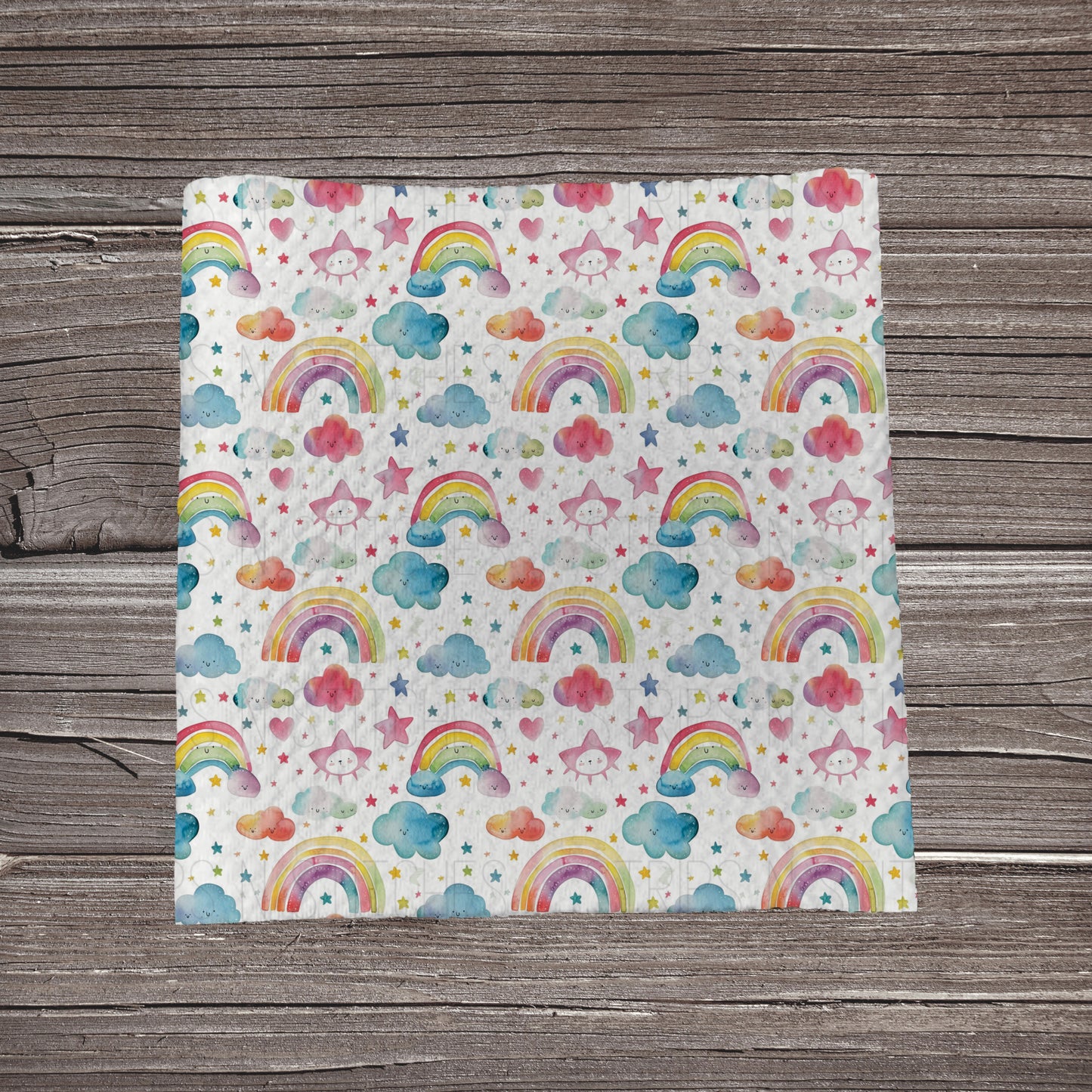 Watercolor Scattered Rainbows & Clouds | Fabric Strip- Bow Making- Headwraps- Scrunchies