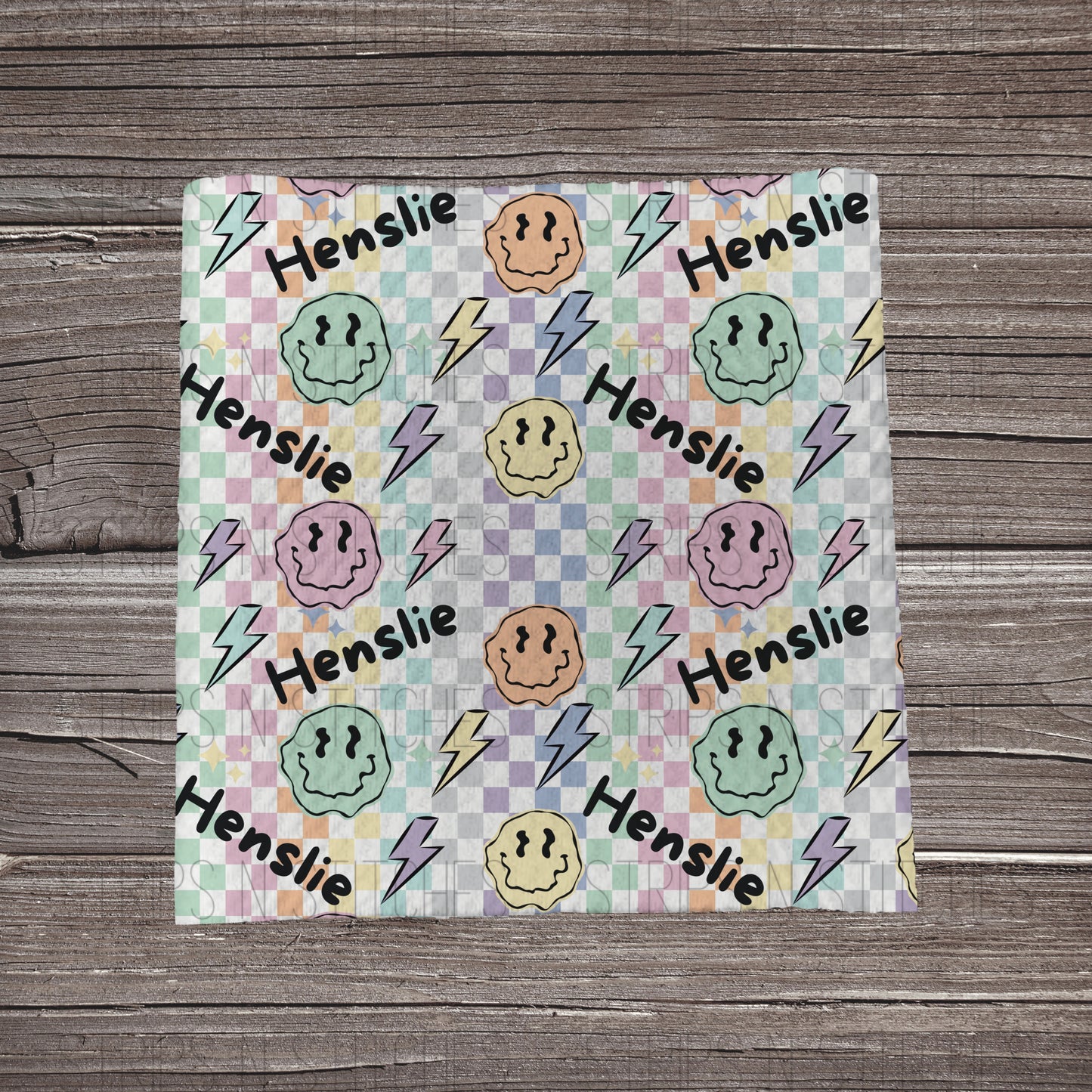 Checkered Smiley Face - CUSTOM NAME | Bullet Fabric Strip | Bow Making | Scrunchie | Headwraps
