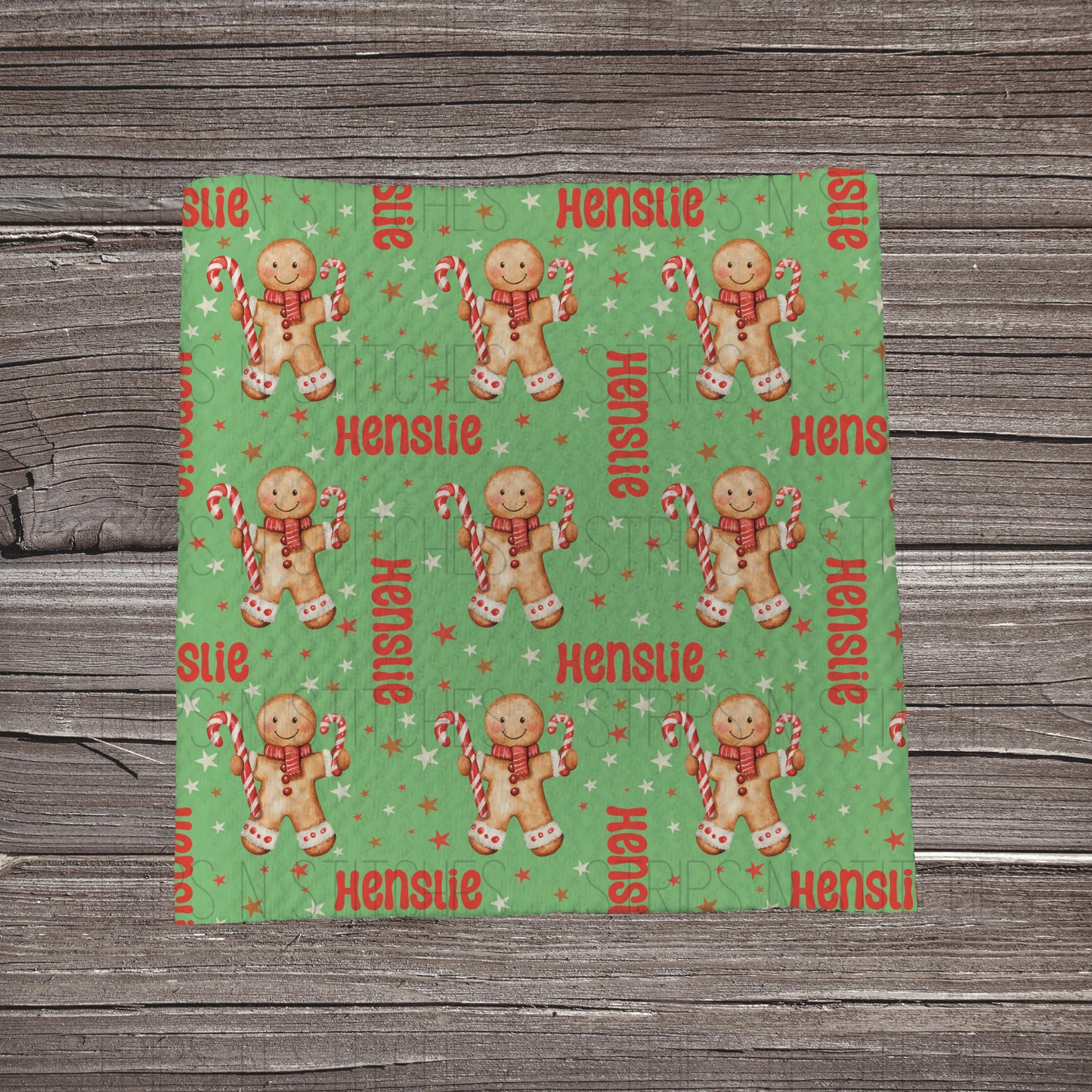 Gingerbread & Candy Canes with Stars- Green CUSTOM NAME *SHOP EXCLUSIVE PRINT* | Bullet Fabric Strip | Bow Making | Scrunchie | Headwraps