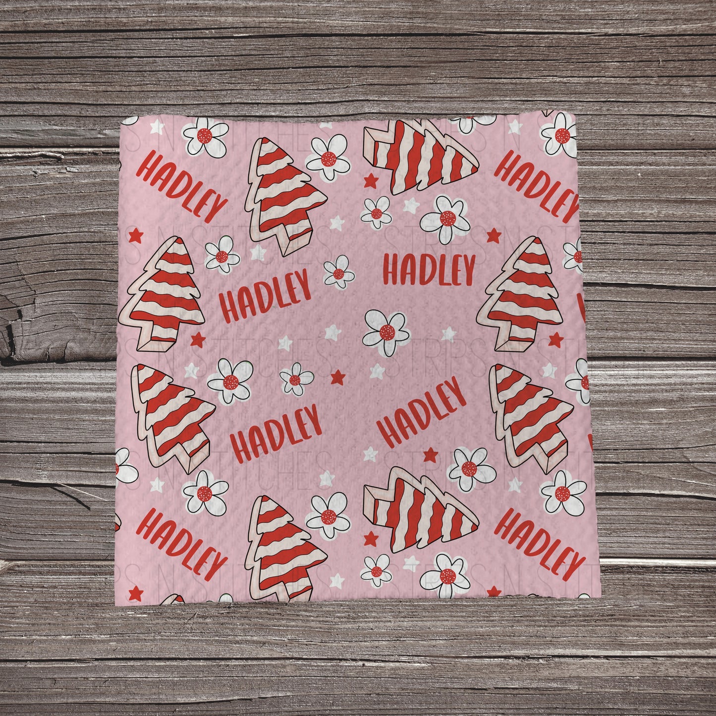 Pink Christmas Tree Snacks - CUSTOM NAME | Bullet Fabric Strip | Bow Making | Scrunchie | Headwraps