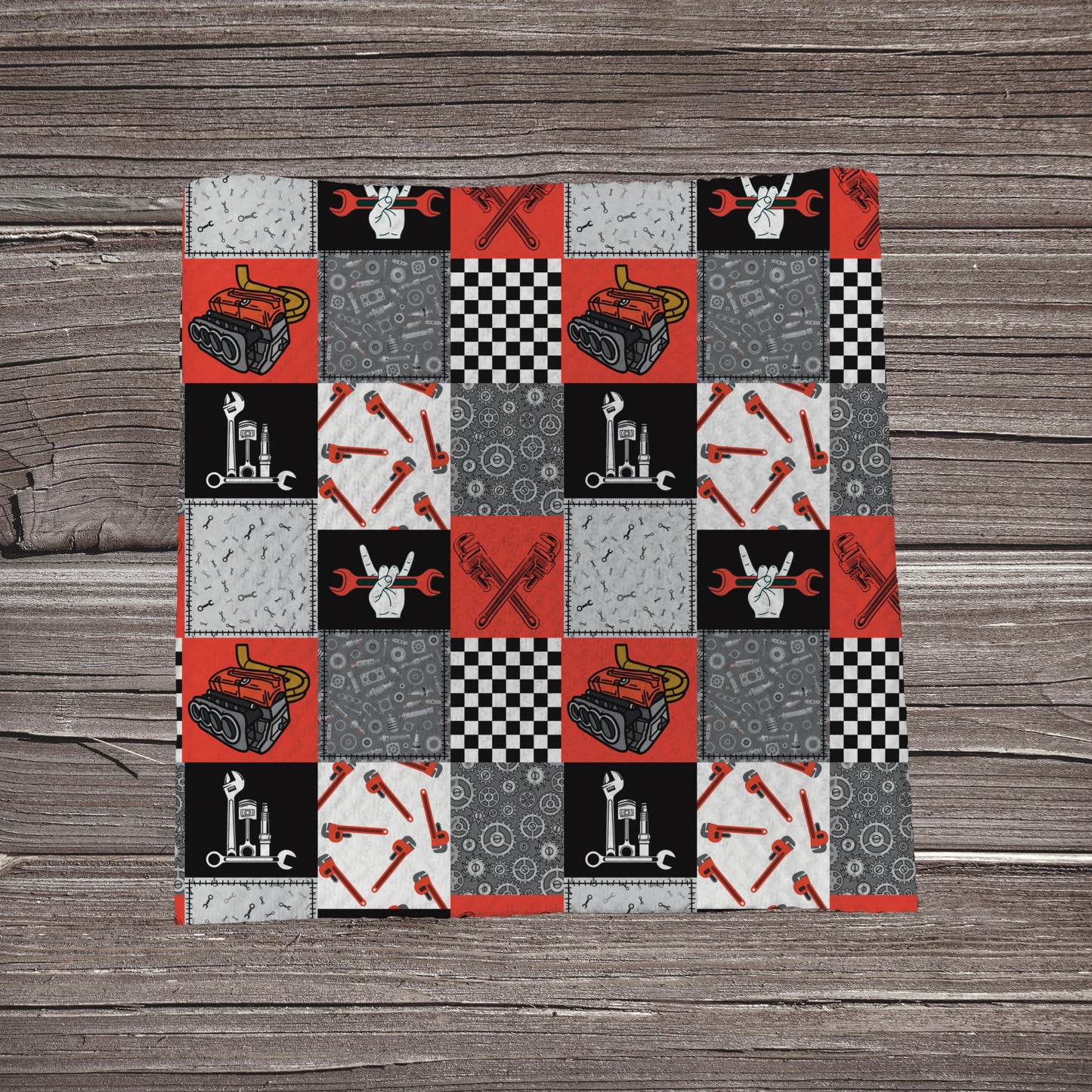 Red Mechanic Patchwork | Fabric Strip- Bow Making- Headwraps- Scrunchies