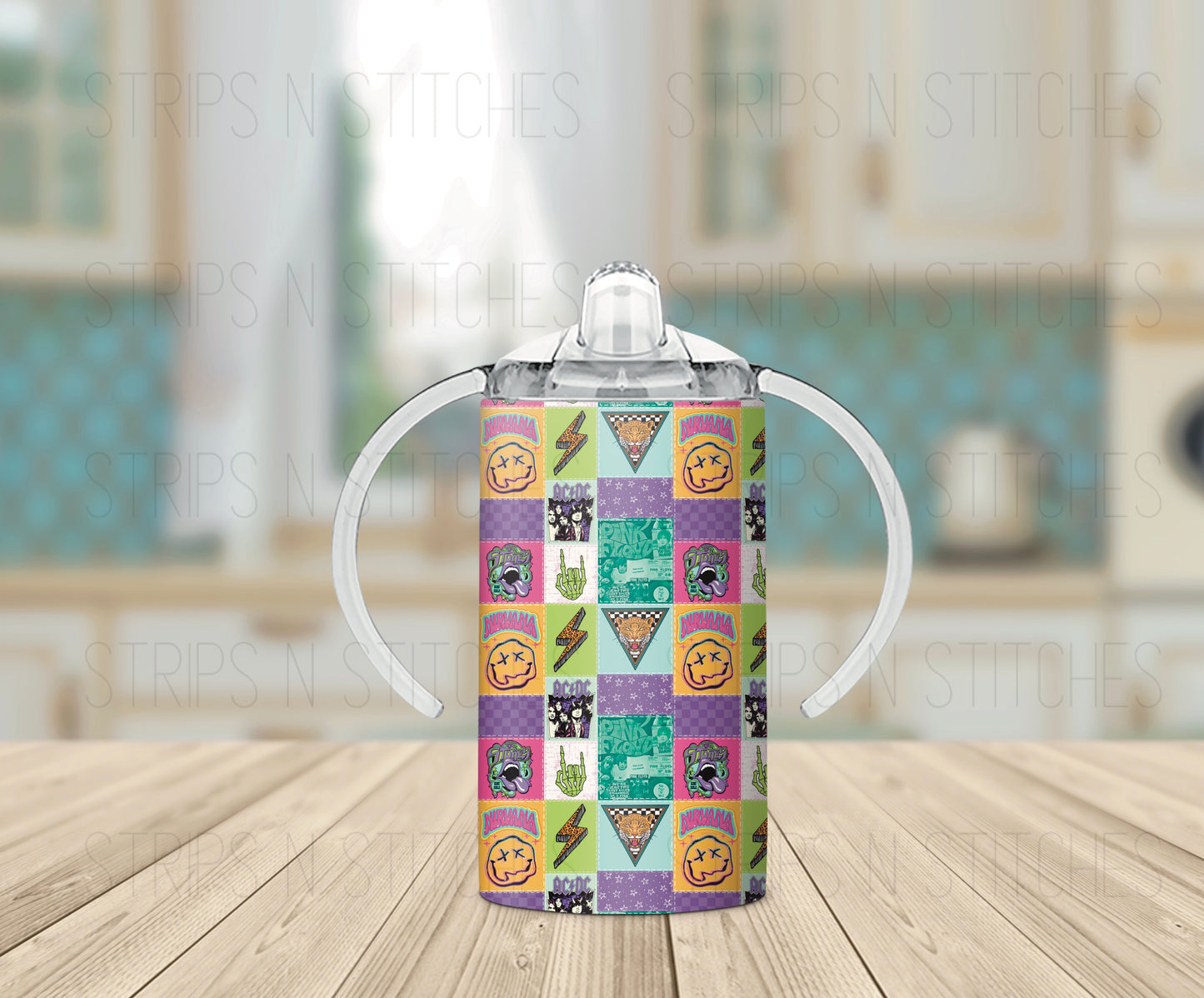 Bright Rock Band Patchwork *Optional Personalization* Grow with Me Tumbler- 12oz- Two Lids