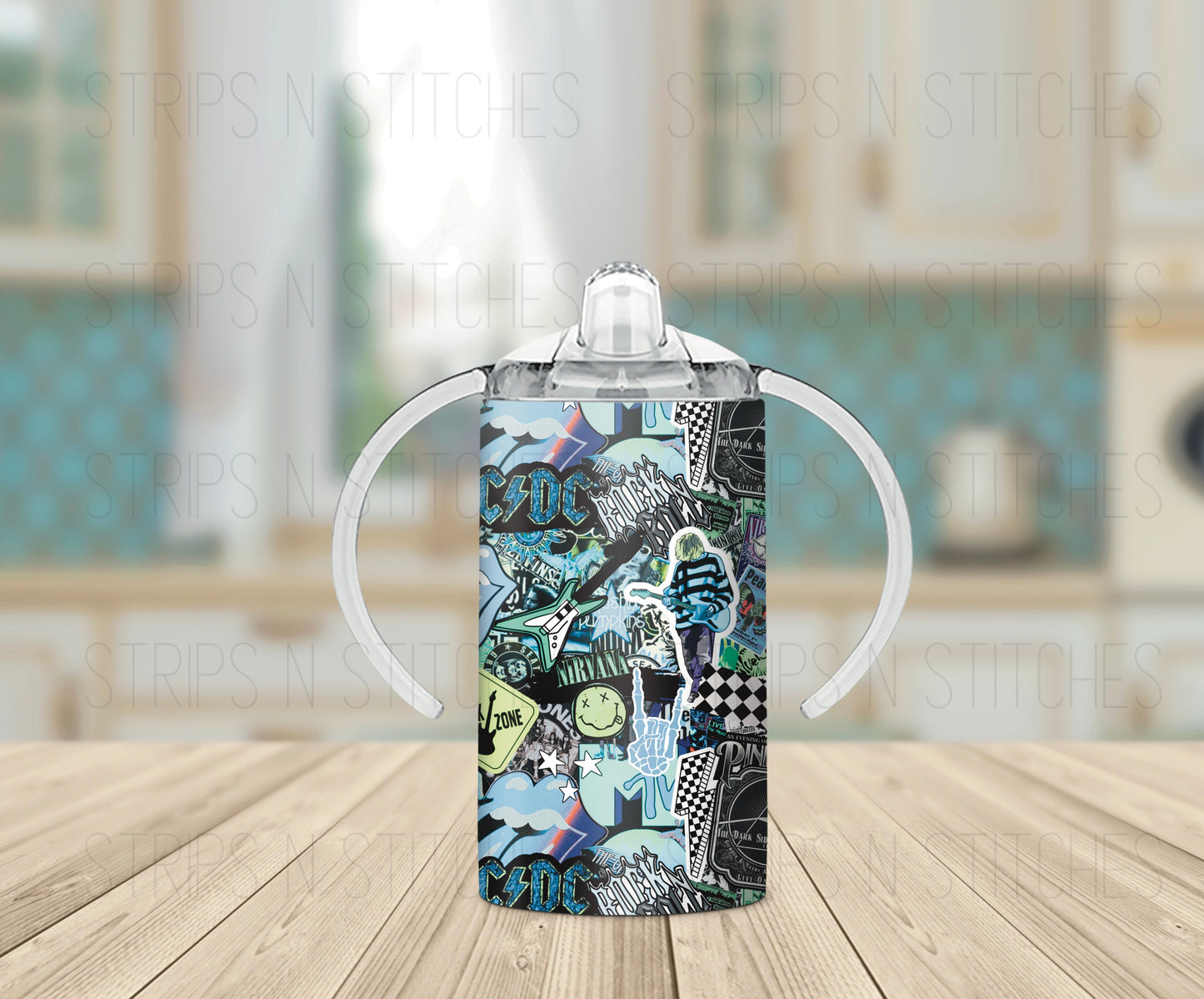 Rock Bands Stacked- Blue *Optional Personalization* Grow with Me Tumbler- 12oz- Two Lids