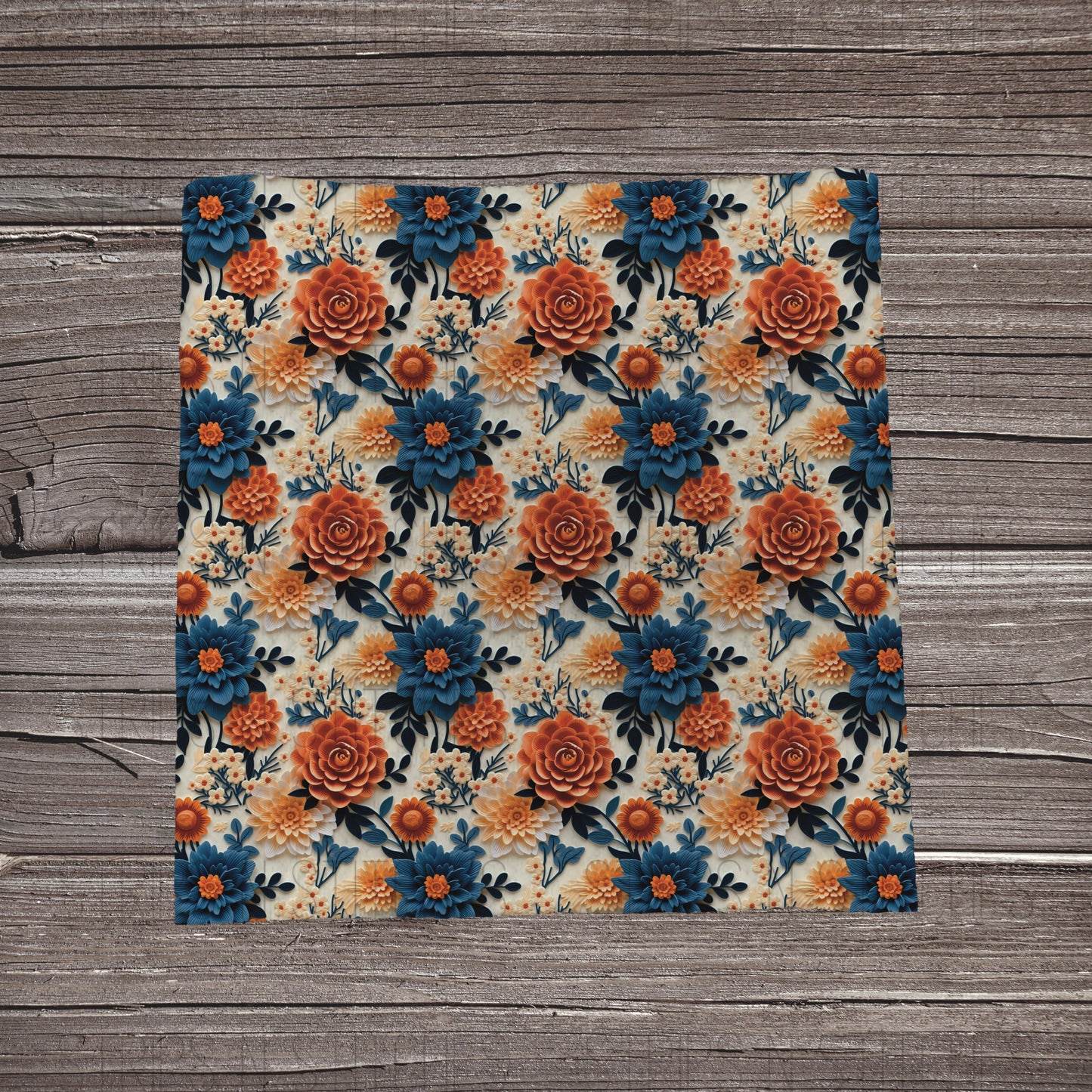 3D Blue & Orange Floral | Fabric Strip- Bow Making- Headwrap- Scrunchie