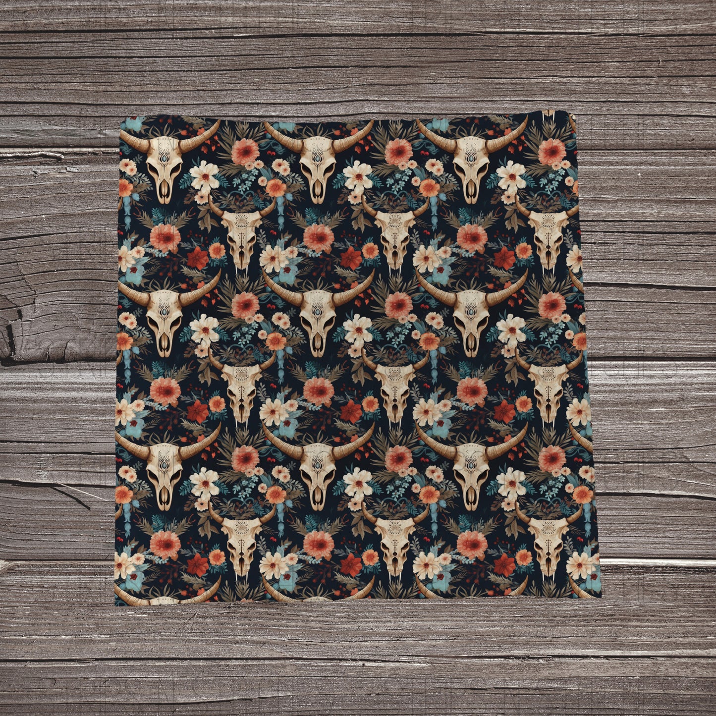 Skulls with Blue & Orange Flowers | Fabric Strip- Bow Making- Headwrap- Scrunchie