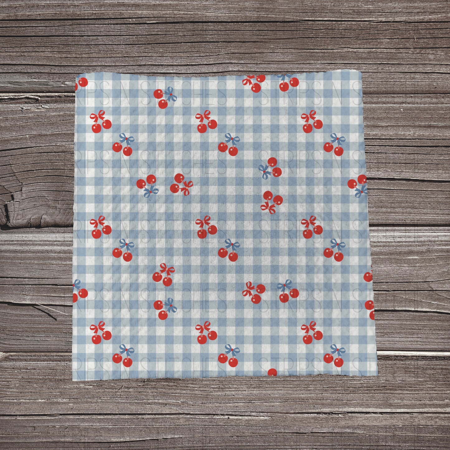 Blue Plaid Cherry | Fabric Strip- Bow Making- Headwrap- Scrunchies
