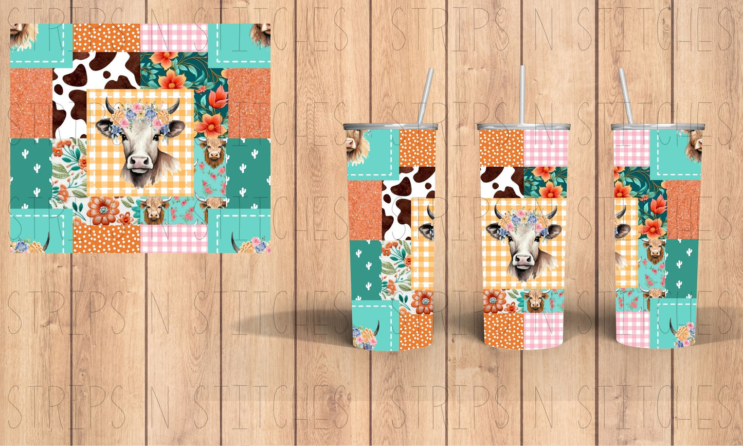 Highland Cow Patchwork | 20 Oz Tumbler Sublimation Transfer | Ready to Press