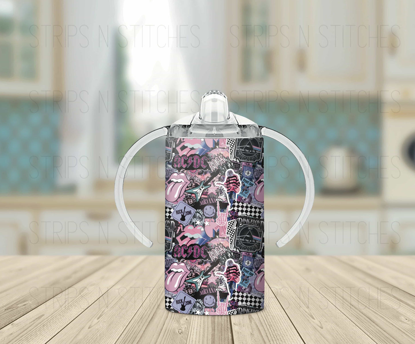 Rock Bands Stacked- Pink *Optional Personalization* Grow with Me Tumbler- 12oz- Two Lids