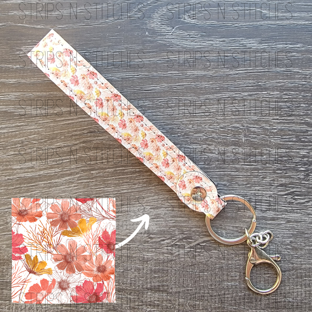 Orange Flowers Faux Leather Wristband Keychain