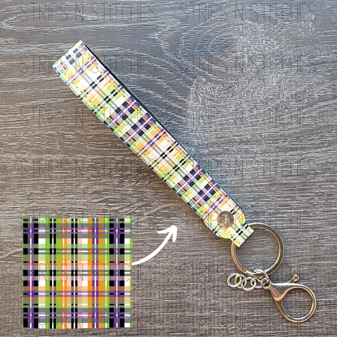 Halloween Plaid Faux Leather Wristband Keychain