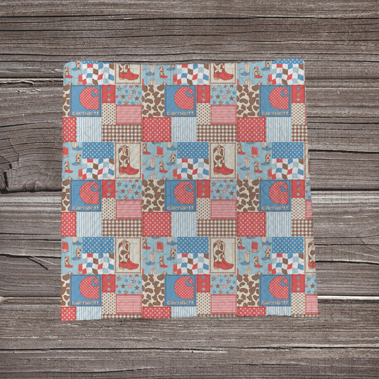 Red, White & Blue Carhartt Cowboy Patchwork  | Bullet Fabric Strip | Bow Making | Scrunchie | Headwraps