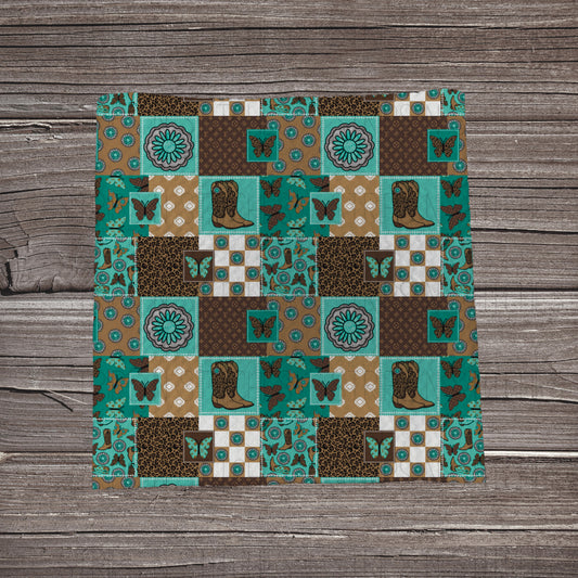 Turquoise & Brown Boots N Butterflies Patchwork | Fabric Strip | Bow Making | Scrunchie | Headwraps