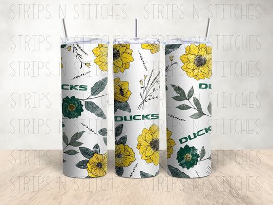 Floral Ducks - 20 Oz Stainless Steel Tumbler with Lid & Straw