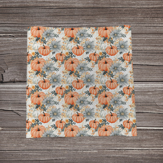 Watercolor Pumpkins & Grey Flowers | Fabric Strip- Bow Making- Headwraps- Scrunchies
