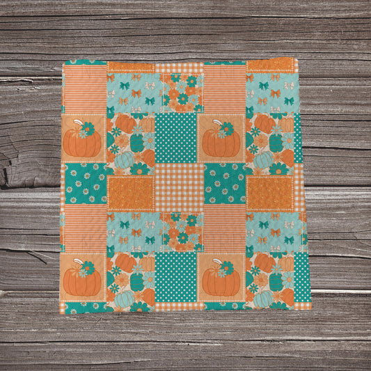 Orange & Teal Pumpkins & Flowers Patchwork | Bullet Fabric Strip | Bow Making | Scrunchie |