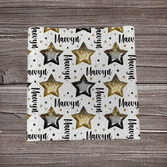 Black & Gold Stars EXCLUSIVE CUSTOM NAME | Bullet Fabric Strip | Bow Making | Scrunchie | Headwraps