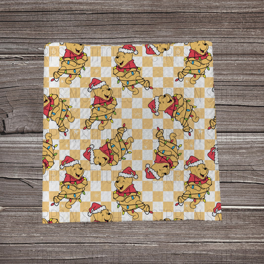 Yellow Checkered Christmas Bear | Fabric Strip- Bow Making- Headwrap- Scrunchies