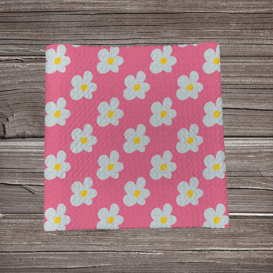 Simple White Hand Drawn Flowers- Pink | Fabric Strip- Bow Making- Headwraps- Scrunchies