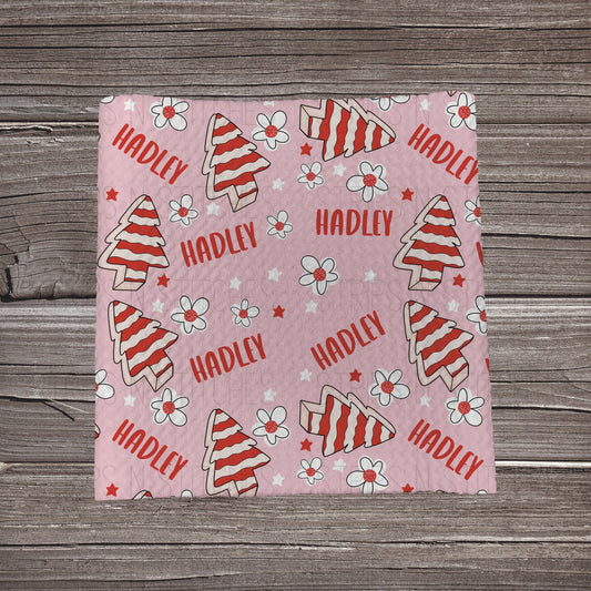 Pink Christmas Tree Snacks - CUSTOM NAME  | Bullet Fabric Strip | Bow Making | Scrunchie | Headwraps