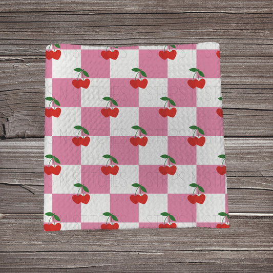 Pink Checkered Cherries  **EXCLUSIVE PRINT** | Fabric Strip | Bow Making | Scrunchie | Headwrap