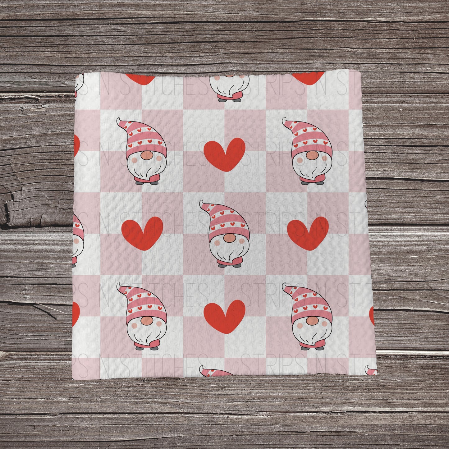 Pink Checkered Gnomes & Hearts **EXCLUSIVE PRINT** | Fabric Strip | Bow Making | Scrunchie | Headwrap