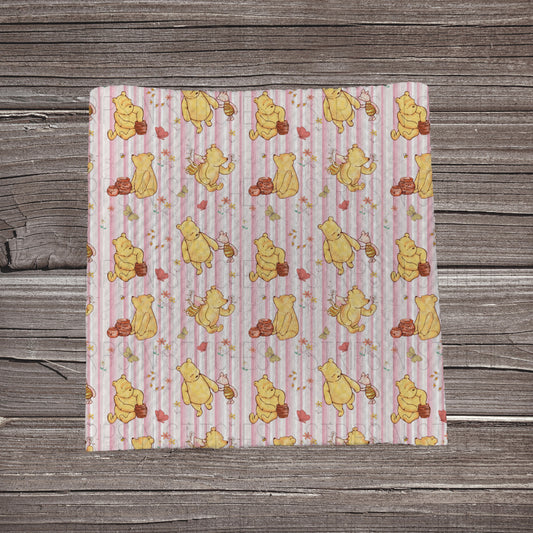 Honey Bear & Pink Stripes | Fabric Strip- Bow Making- Headwrap- Scrunchies