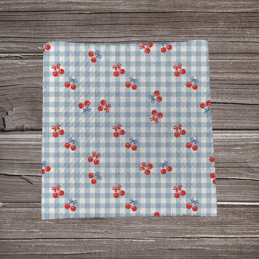 Blue Plaid Cherry | Fabric Strip- Bow Making- Headwrap- Scrunchies