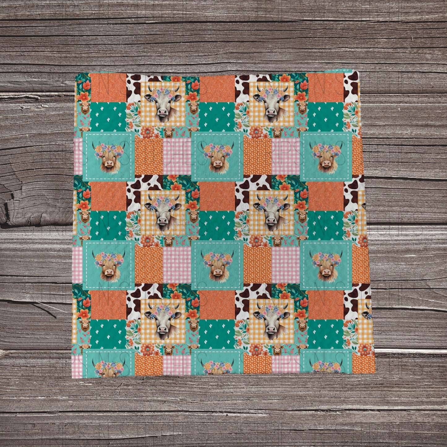Teal & Coral Cow Patchwork | Bullet Fabric Strip | Bow Making | Scrunchie |
