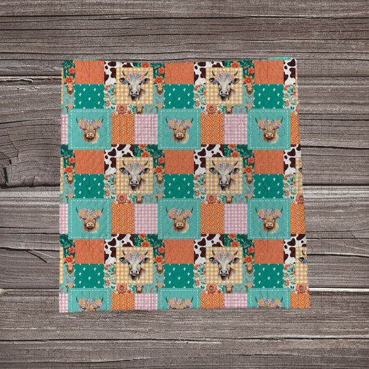 Teal & Coral Cow Patchwork | Bullet Fabric Strip | Bow Making | Scrunchie |