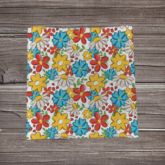 Red, Yellow & Blue Sketch Flowers | Fabric Strip | Bow Making | Headwrap | Scrunchies