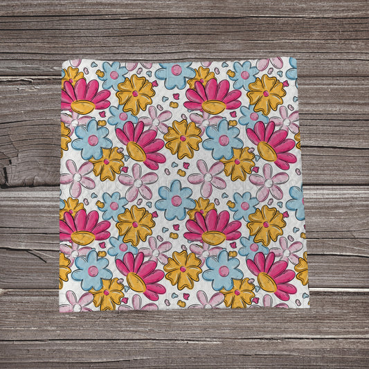 Pink, Yellow & Blue Sketch Flowers | Fabric Strip | Bow Making | Headwrap | Scrunchies