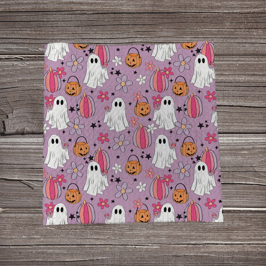 Purple Scattered Ghosts & Pumpkins | Fabric Strip- Bow Making- Headwrap- Scrunchies