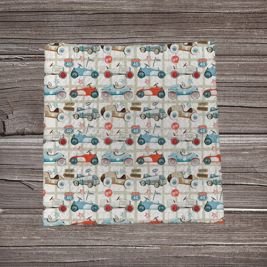 Red & Blue Vintage Ride on Cars | Fabric Strip | Bow Making | Headwrap | Scrunchies