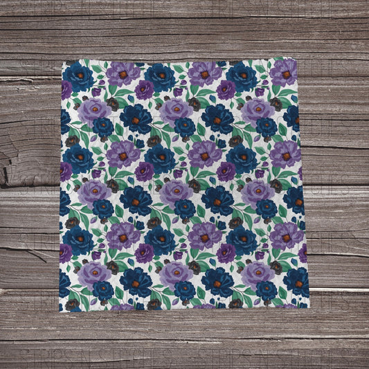 Dark Purple & Blue Hand drawn Flowers - Fabric Strip- Bow Making- Headwrap- Scru