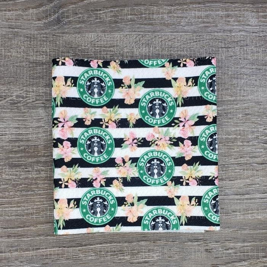 Striped Floral Coffee Fabric Strip- Bow Making- Headwrap- Scrunchies