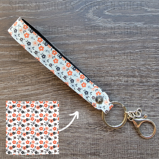 Orange & Navy Flowers Faux Leather Wristband Keychain