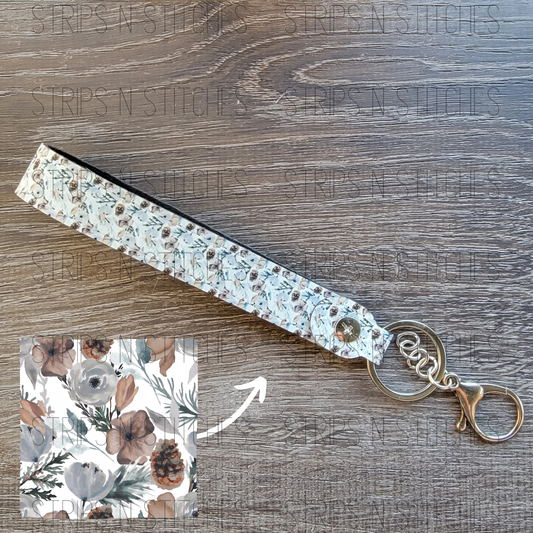 Muted Rustic Flowers Faux Leather Wristband Keychain