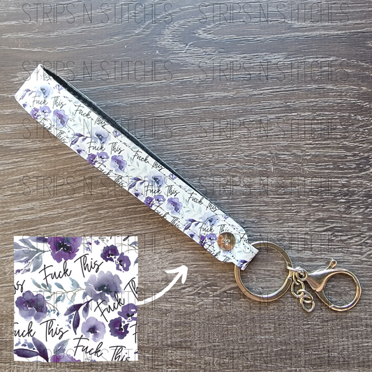 Purple Floral F*ck This Faux Leather Wristband Keychain